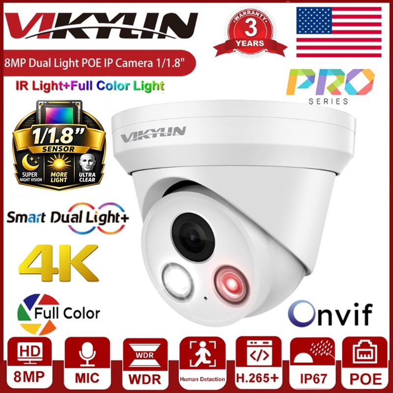 Vikylin 8MP 4K PoE IP Camera 1/1.8″ Larger Sensor Full Color+IR Audio IP67 ONVIF