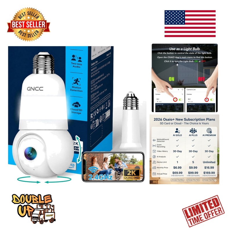 Plug-and-Play 2K Light Bulb Security Camera - Full Color Night Vision, 360° Pan