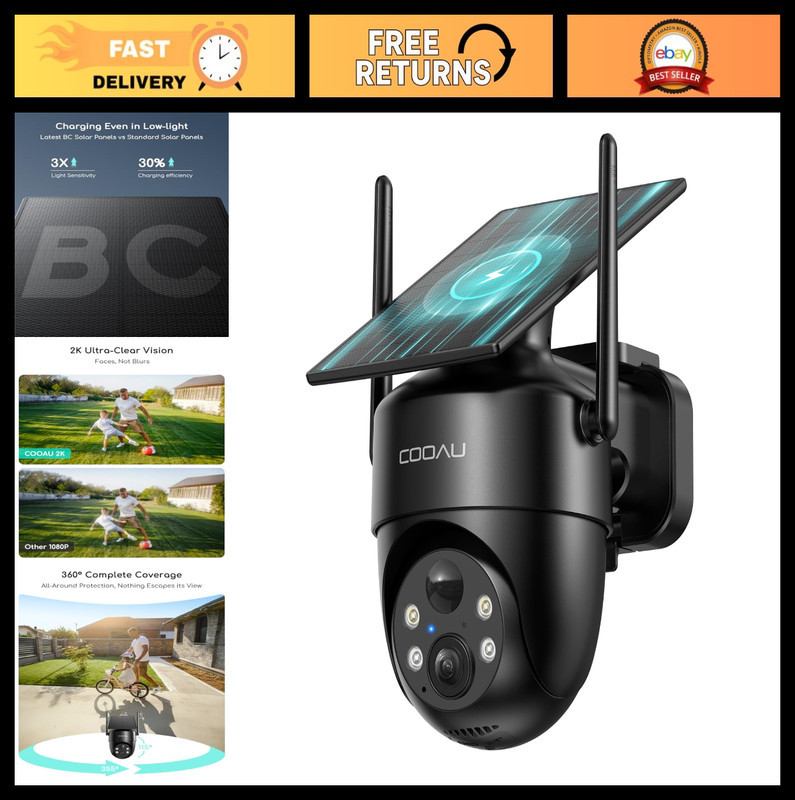 Wireless Solar Security Camera – 2K 360° Outdoor Surveillance, Color Night Visio