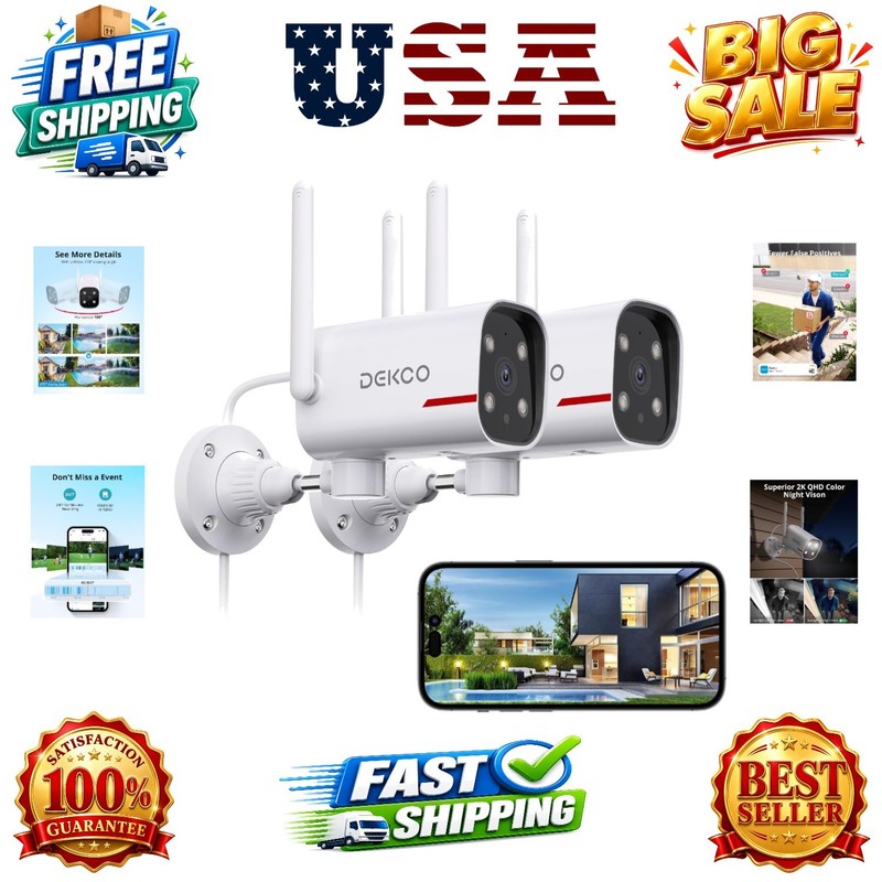 2 Pack Outdoor Security Camera with 2K Color Night Vision, Pan Rotating 180° …