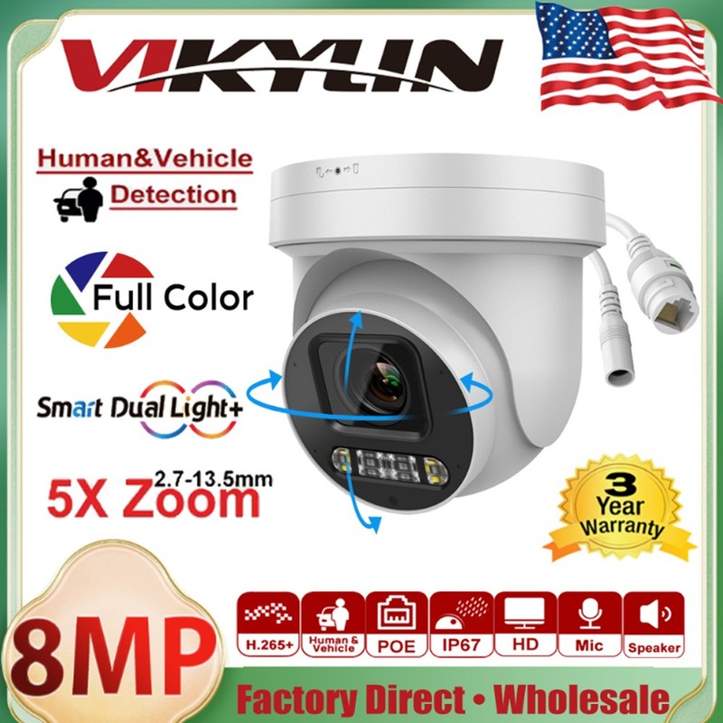 Vikylin IR+Full Color 4K 8MP PTZ 5X Zoom POE Camera Dual Light 2-Way Audio H.265