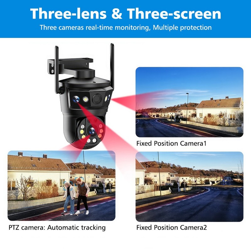 Three Lens Wireless IP Camera WIFI Outdoor CCTV PTZ Smart Home Security IR Cam gallery