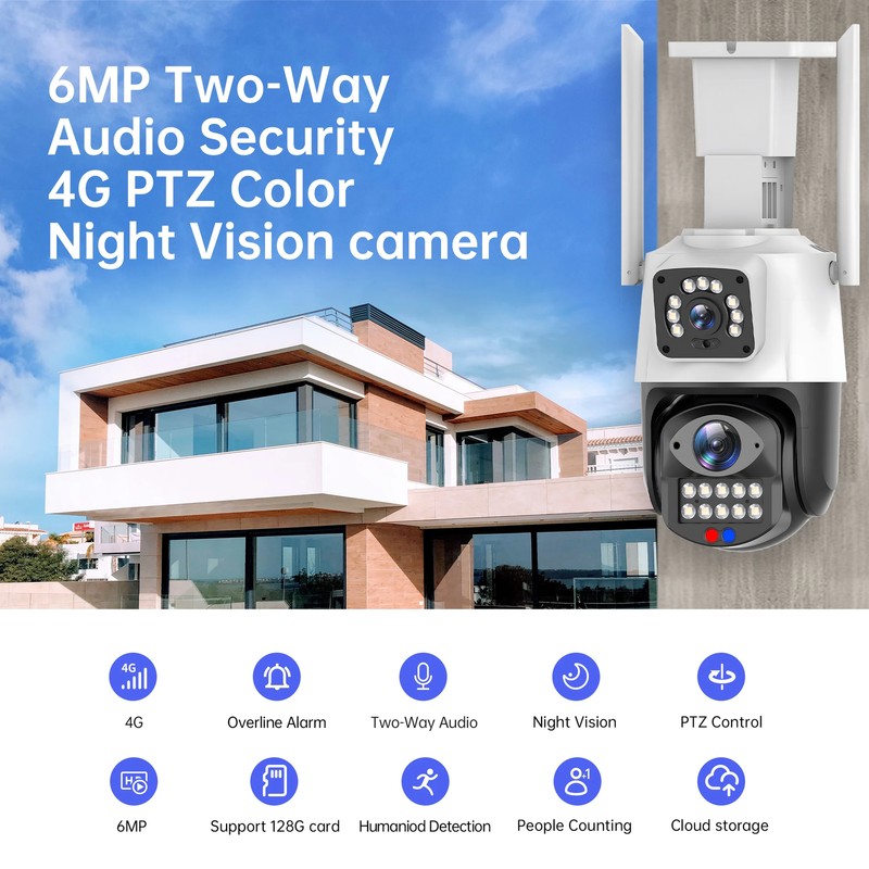 6MP 3K 4G Sim Camera Dual Lens Wifi PTZ Outdoor Ai Human Detection Camera CCTV gallery