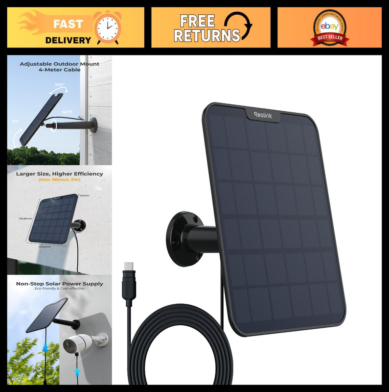 6W Solar Panel for Wireless Battery Outdoor Security Camera – Black, Eco-Friendl