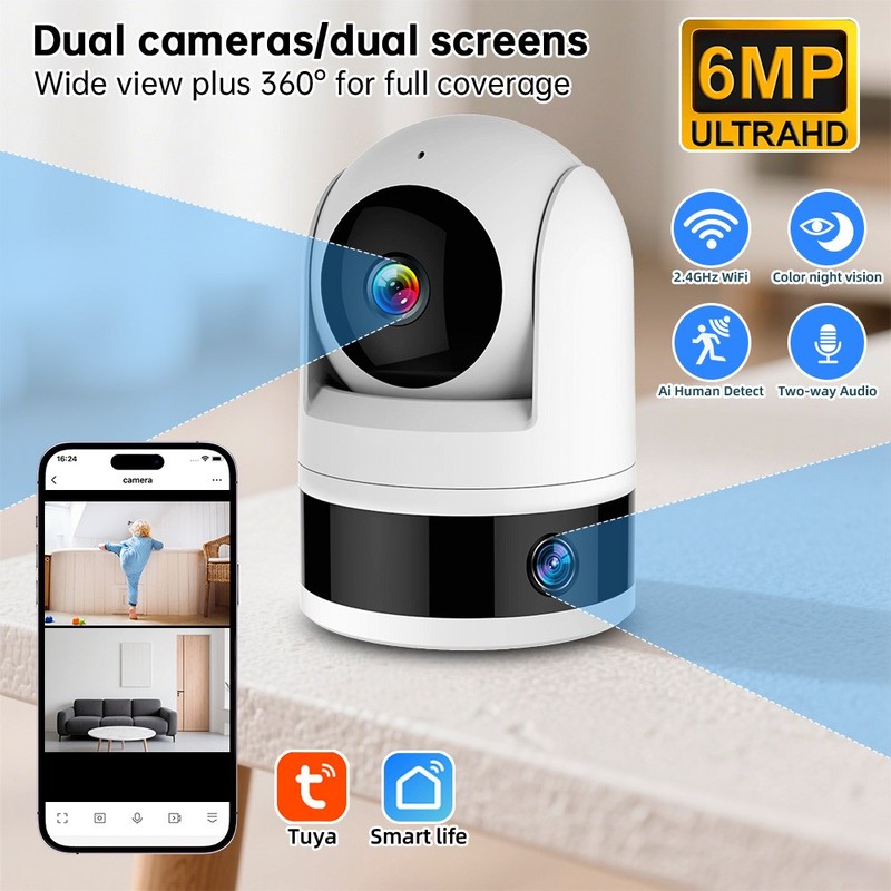 6MP Dual Lens Security Camera Tuya WIFI Auto Tracking Indoor Baby Pet Monitor