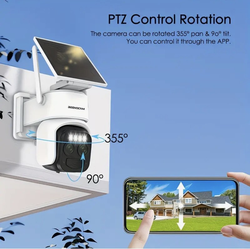 Solar-Powered Security Camera, Dual Lenses, 360-Degree, Color Night Vision High
