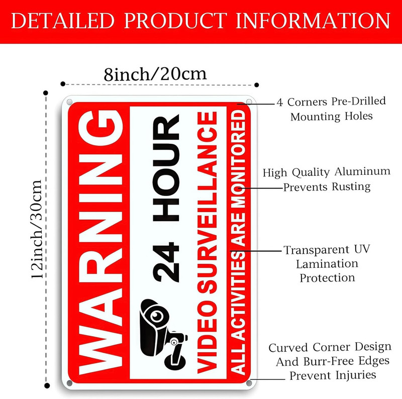 4 Pack Video Surveillance Signs, 8 X 12 Inch Aluminum Camera Signs, CCTV Securit gallery