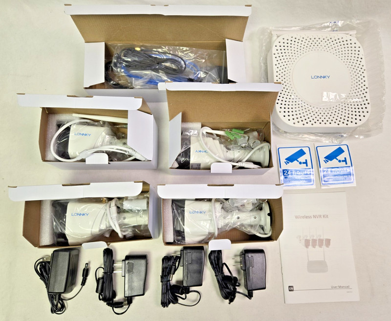 Lonnky Four Camera Wireless Network Video Surveillance Kit NEW Never Installed