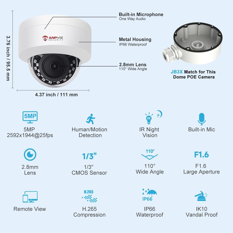 5MP PoE IP Dome with Audio/Mic, 98ft IR Night Vision gallery