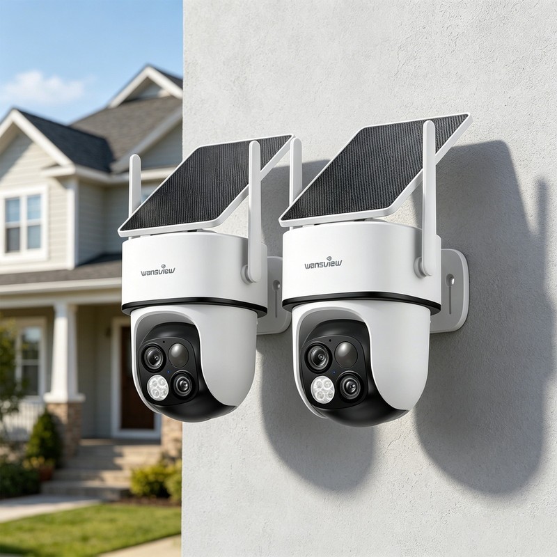 2PCS Wansview Dual-Lens Wireless Solar Security Camera Outdoor 360°PTZ 64X Zoom