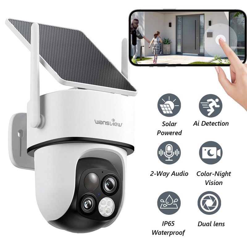 Wansview Wireless Security Camer 2K Solar Powered Dual-Lens, 360°PTZ, 64X Zoom