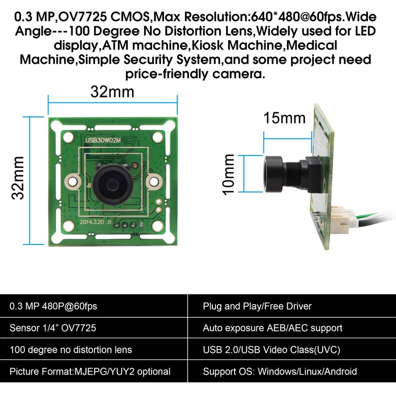 ELP Webcamera Module 100degree Wide Angle M7 Lens USB Camera 640x480 VGA WebCam gallery