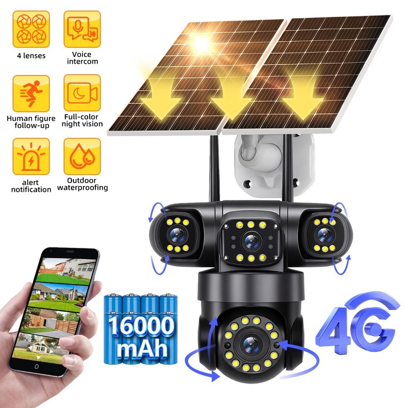 16MP 4G SIM Solar Security IP Camera Outdoor 4 Lens PTZ CCTV Motion Detection US