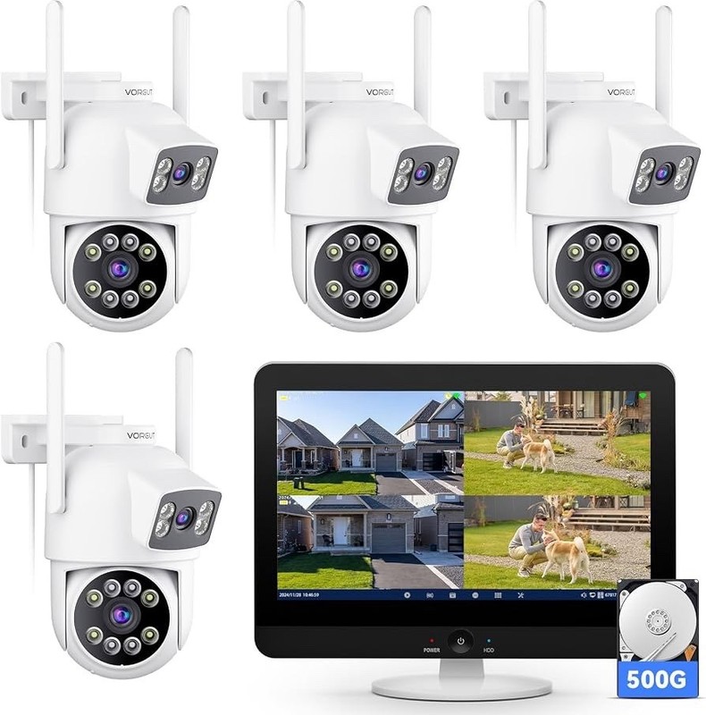 CLN-Security Camera System Wireless Outdoor with 12″ Monitor, 4pcs 2K Dual Lens