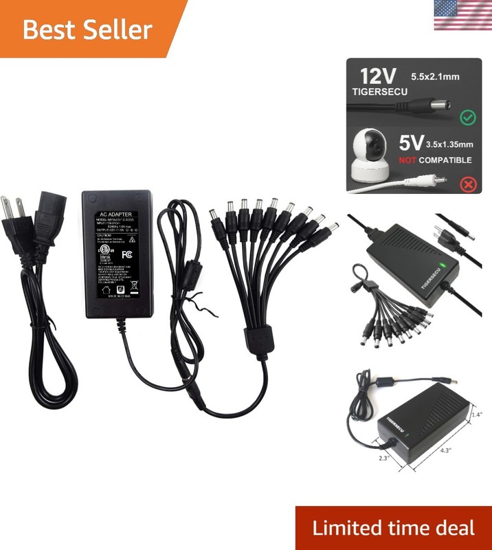 Certified 12V 5A Power Adapter & 9-Way Power Splitter for Security Cameras