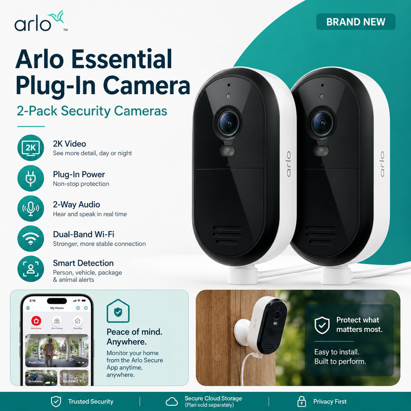 Arlo Essential 2K Outdoor Plug-In Security Cameras 2-Pack gallery