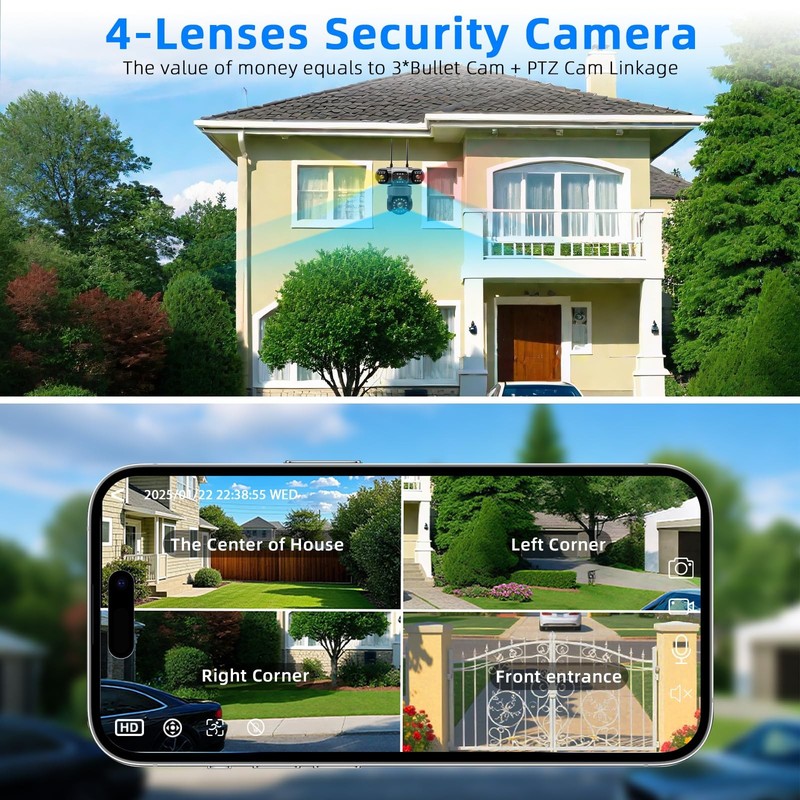 4-Lens Wireless Security Camera Outdoor, 2K HD Image PTZ 360° Surveillance, C... gallery
