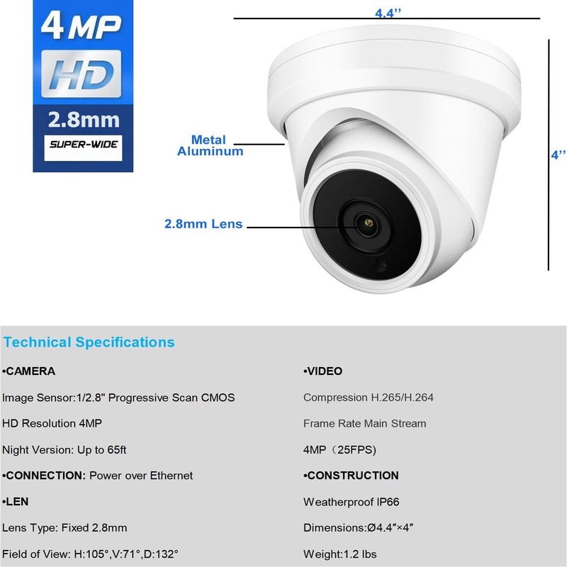 4MP PoE IP Turret Dome Camera, 2.8mm Wide Angle, H.265, Waterproof IP66, Outdoor gallery