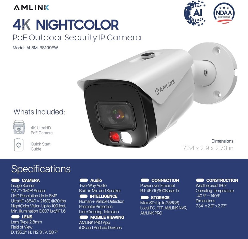 (2) 4K/8MP Security AI IP PoE Bullet Camera, 2-Way Talk, Full Color Night Vision gallery