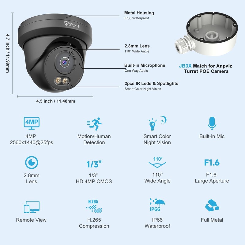 4MP PoE Camera Black, Turret Security IP Camera Outdoor Wired gallery