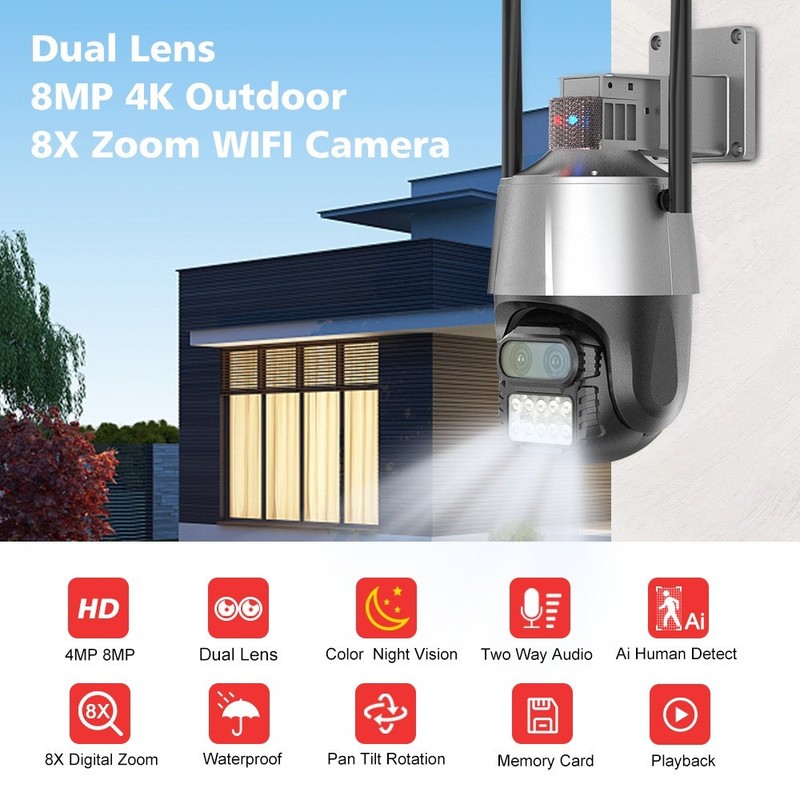 8MP 4K PTZ IP Dual Lens 8X Zoom Audio Outdoor WIFI AI Tracking CCTV Camera -US gallery