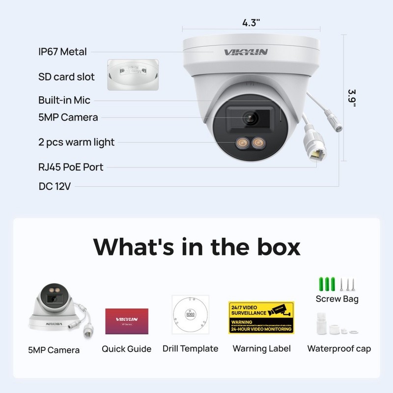 Vikylin Full Color 5MP IP67 IP POE Camera Human/Vehicle Detection with MIC ONVIF gallery