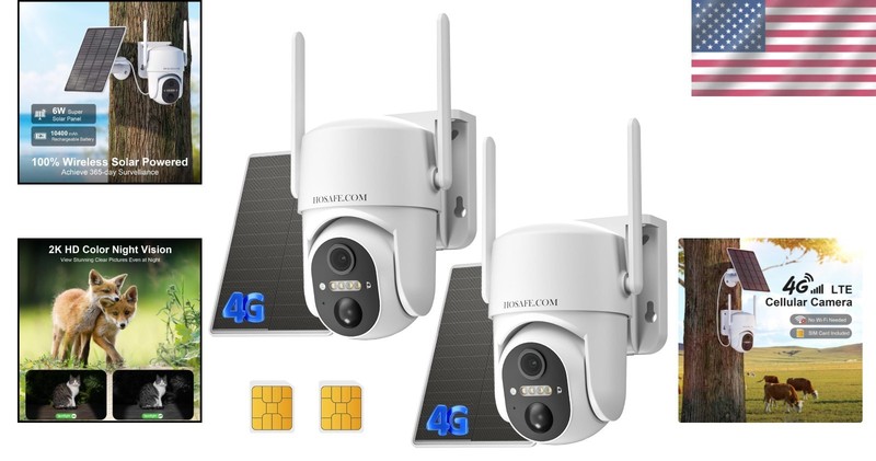 No WiFi 4G Solar Security Camera - 360° Coverage & Color Night Vision, 2 Pack gallery