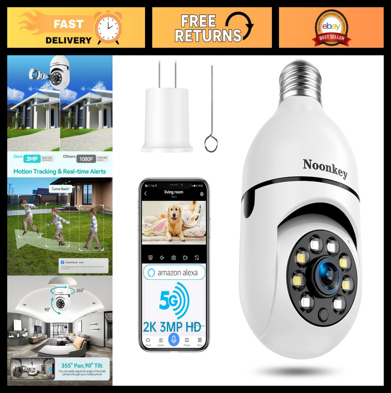 2K 3MP Light Bulb Security Camera, 5G & 2.4GHz WiFi, 360° Outdoor IP Camera, Mot