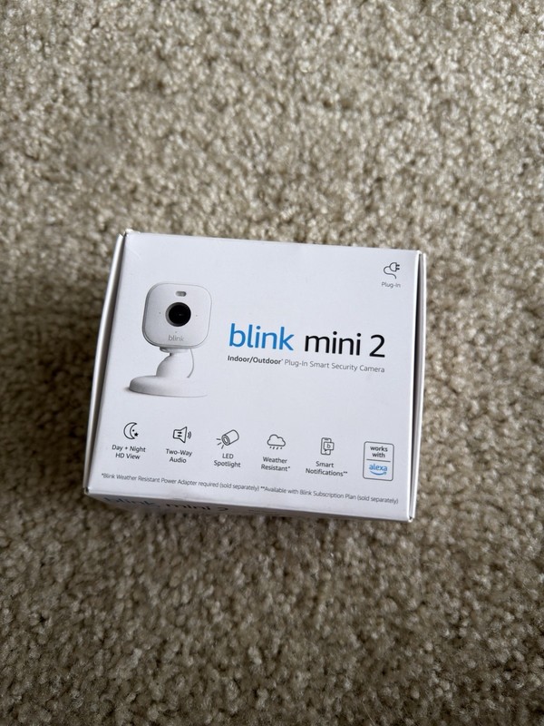 Open box Blink Mini 2 smart security camera in white