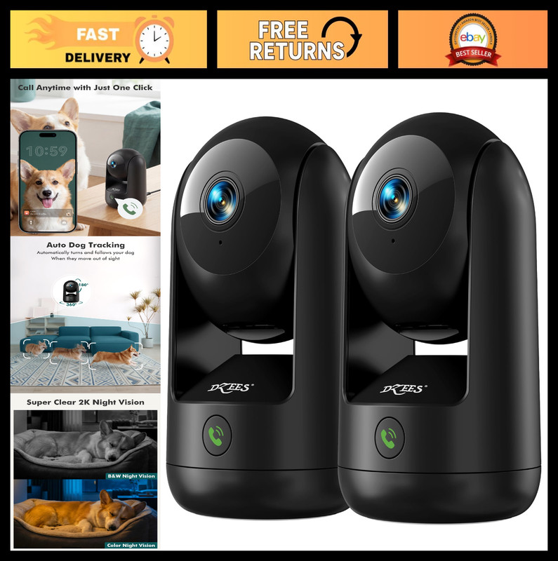 2-Pack 2K Indoor Security Cameras | 360° WiFi Pet Cam, Night Vision, 2-Way Audio