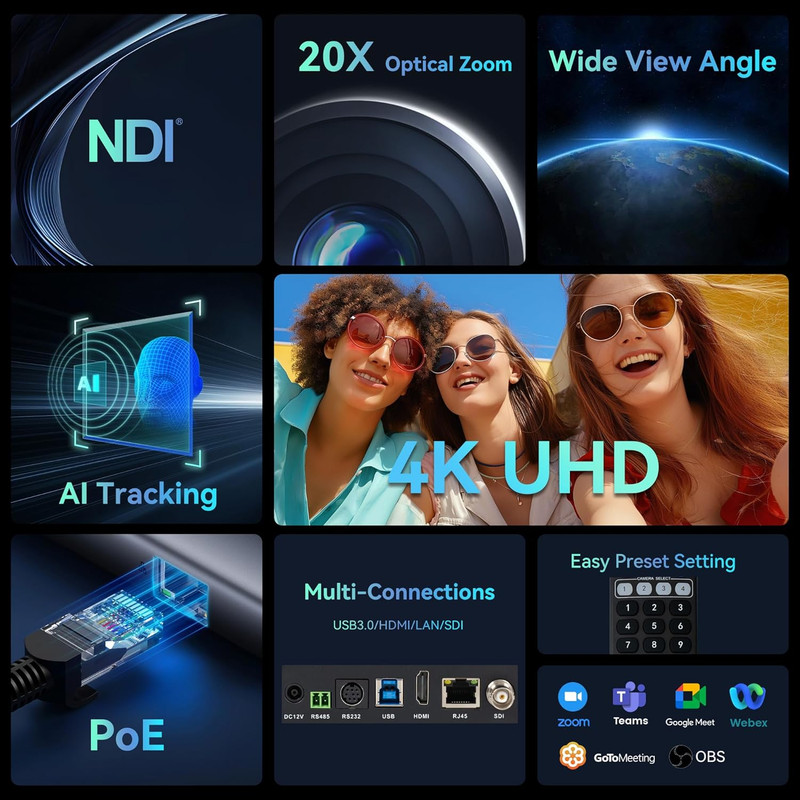 4K NDI PTZ Camera AI Auto-Tracking 20X Optical Zoom HDMI IP Live Streaming SDI U gallery