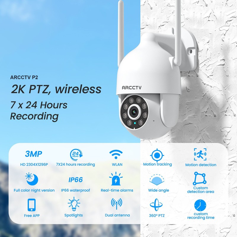 ARCCTV 3MP WIFI Pan/Tilt Security Camera System Wireless CCTV Outdoor Home IP65 gallery