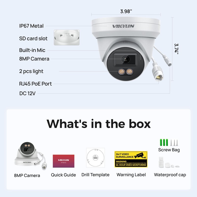 Vikylin 24H Color Ethernet Mini 8MP 4K Wired POE Camera Audio Onvif Outdoor CCTV gallery