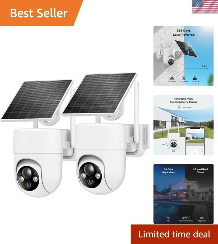 Waterproof 2K Solar Security Cameras with Two-Way Audio & Alerts, 2PCS