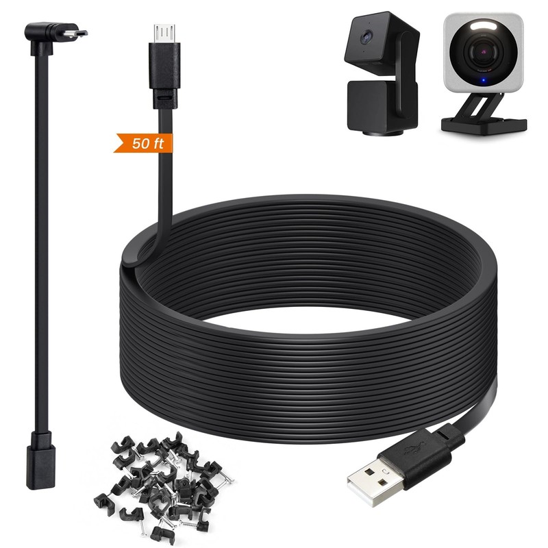Power Cable 50ft USB to Micro for Wyze Cam v4, Pan v3, OG – L-Shaped Adapter