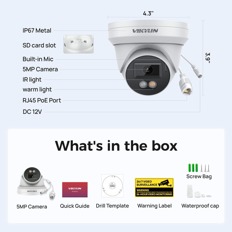 Vikylin 5MP Dual Light POE Camera Onvif Full Color IR Audio Outdoor Indoor Wired gallery