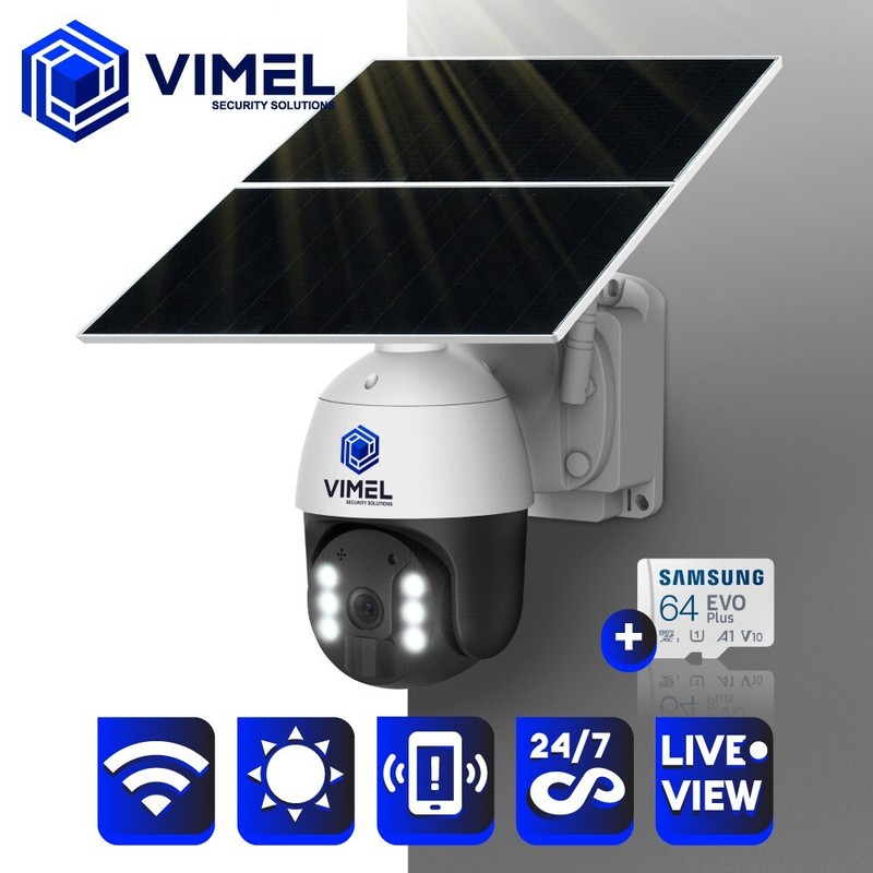 Wireless Security Camera WIFI Solar Panel 64GB Alarm Sound 24/7 Recording 1080P