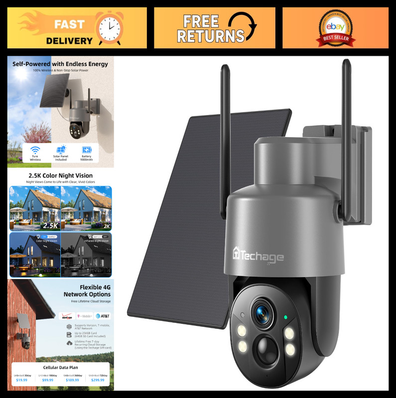 4G LTE Solar Security Camera - 2.5K Wireless Outdoor, Color Night Vision, 360° P