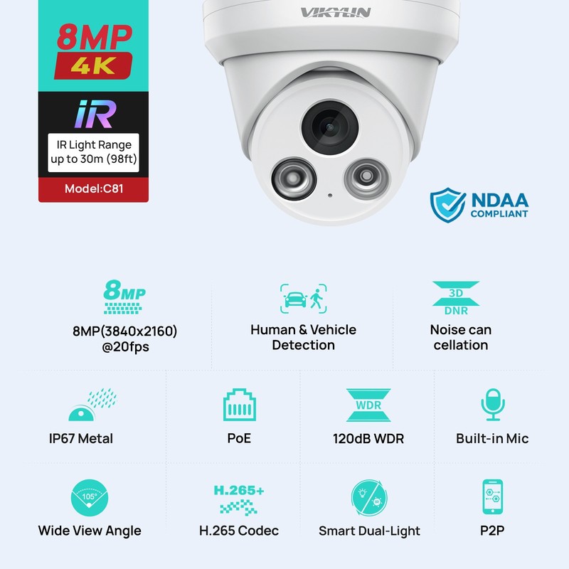 Vikylin 4K 8MP POE IP Camera Outdoor Indoor Onvif IR 30m Audio Home RTSP CCTV US gallery