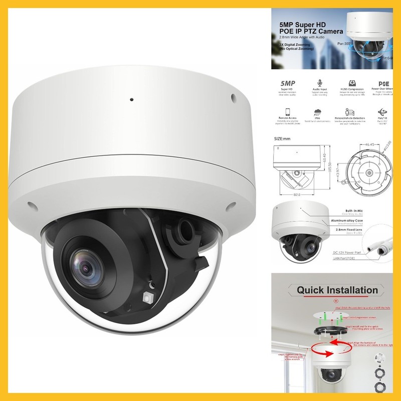 5MP 2.5” PoE PTZ IP Camera with Mic/Audio, IP Dome Security Camera Outdoor, Wat