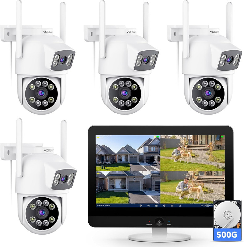 Wireless Security Camera System with 12″ Monitor & 4 Dual Lens Cameras