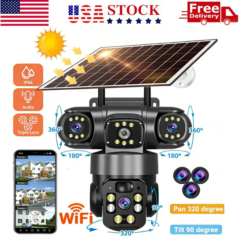 3 Lens 12MP Solar Battery Home Security Camera Outdoor Wifi Wireless PTZ CCTV US