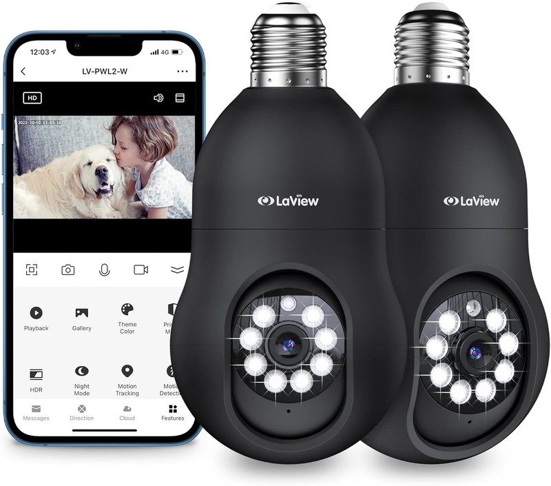 LAVIEW 4MP Bulb Security Camera 2.4GHz 360° 2K Security Cameras 2 Pack Black