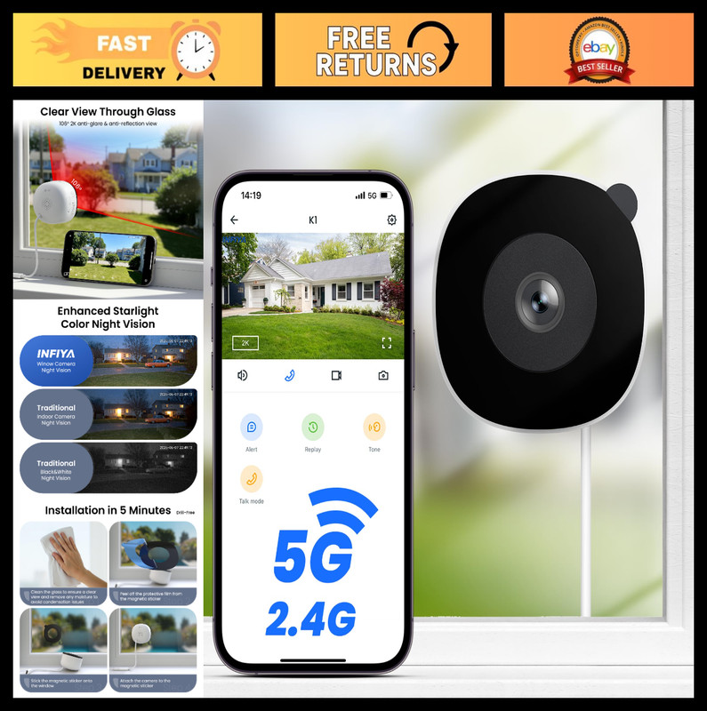 2K WiFi Window Security Camera – Color Night Vision, Motion Detection, 24/7 Reco