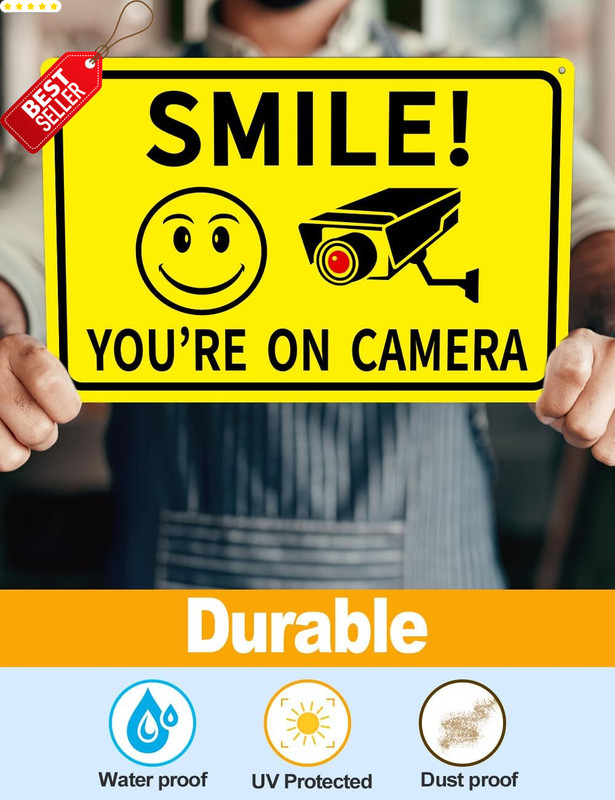4 Pack Smile You're on Camera Sign 8x12 Aluminum CCTV Security Signs - US gallery