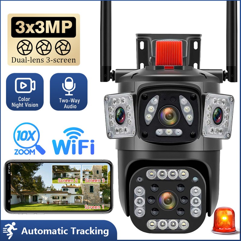 4K 9MP WiFi Surveillance Camera 360° Viewing Three Screen PTZ IP Camera Security