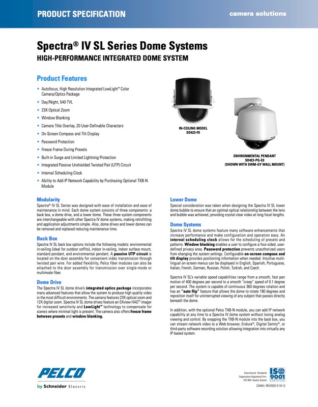Pelco SD423-F0 Spectra IV PTZ Dome 23x Zoom In-Ceiling - Smoked - NEW - WARRANTY gallery