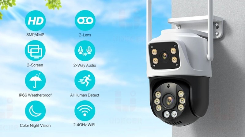 Dual Lens 360º Wifi Cameras Security 8MP 4K Outdoor Human Detection PTZ Cameras gallery