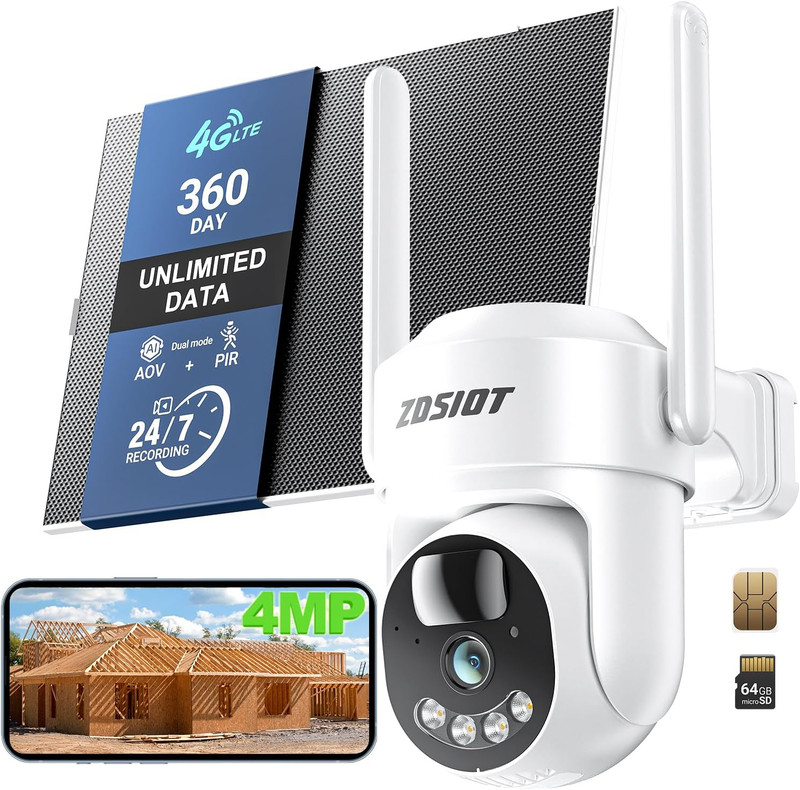 4MP Cellular Security Camera 24/7 Recording with 360-Day SIM Data for Jobsite/Ba
