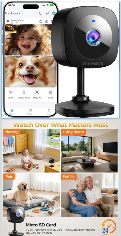 ZEEPORTE 2K Indoor Wi-Fi IP Camera Night Vision Motion 2-Way Audio Alexa